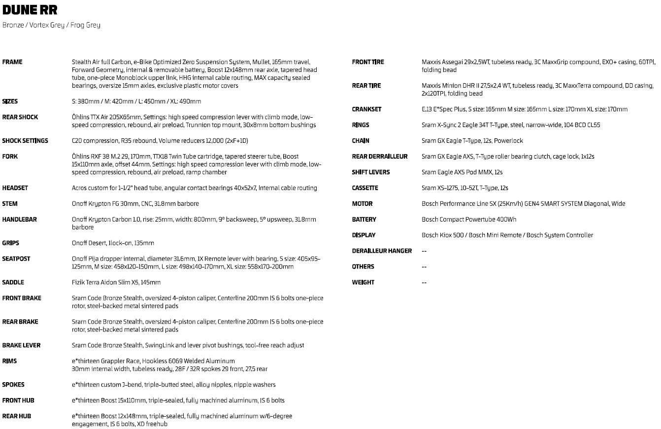 Dune RR specs