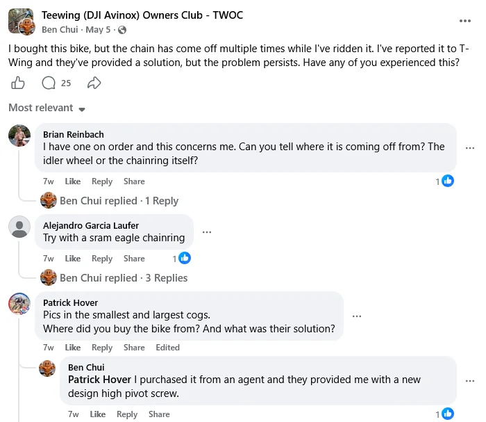 Teewing (DJI Avinox) Owners Club - TWOC I bought this bike but the chain has come off multipl...webp