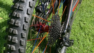 Rear i9 wheel build with red hub on Grade 300 DH rims and Steel (E-Bike rated) Freehub.